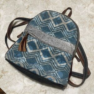Myra Bag Handmade Breeze Backpack Bag Upcycled Canvas & Cowhide Leather